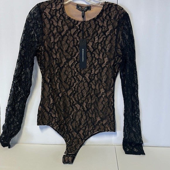 BCBGMaxAzria Black and Tan Asymmetrical Fitted Bodysuit - Picture 1 of 8